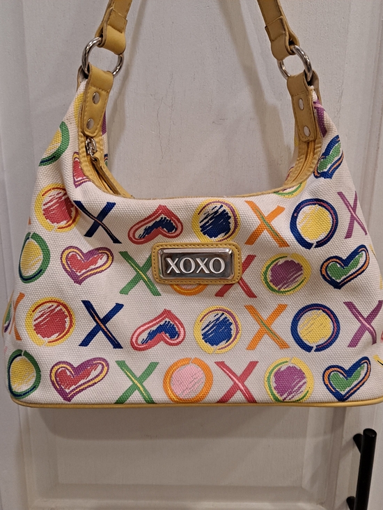 XOXO Handbags - Y2K Vintage XOXO Multicolor Hearts XO Canvas Shoulder Bag Yellow Trim Grafitti